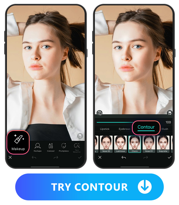 PhotoDirector edit UI highlight with Makeup feature icon and PhotoDirector makeup UI highlight with Contour feature icon images side by side